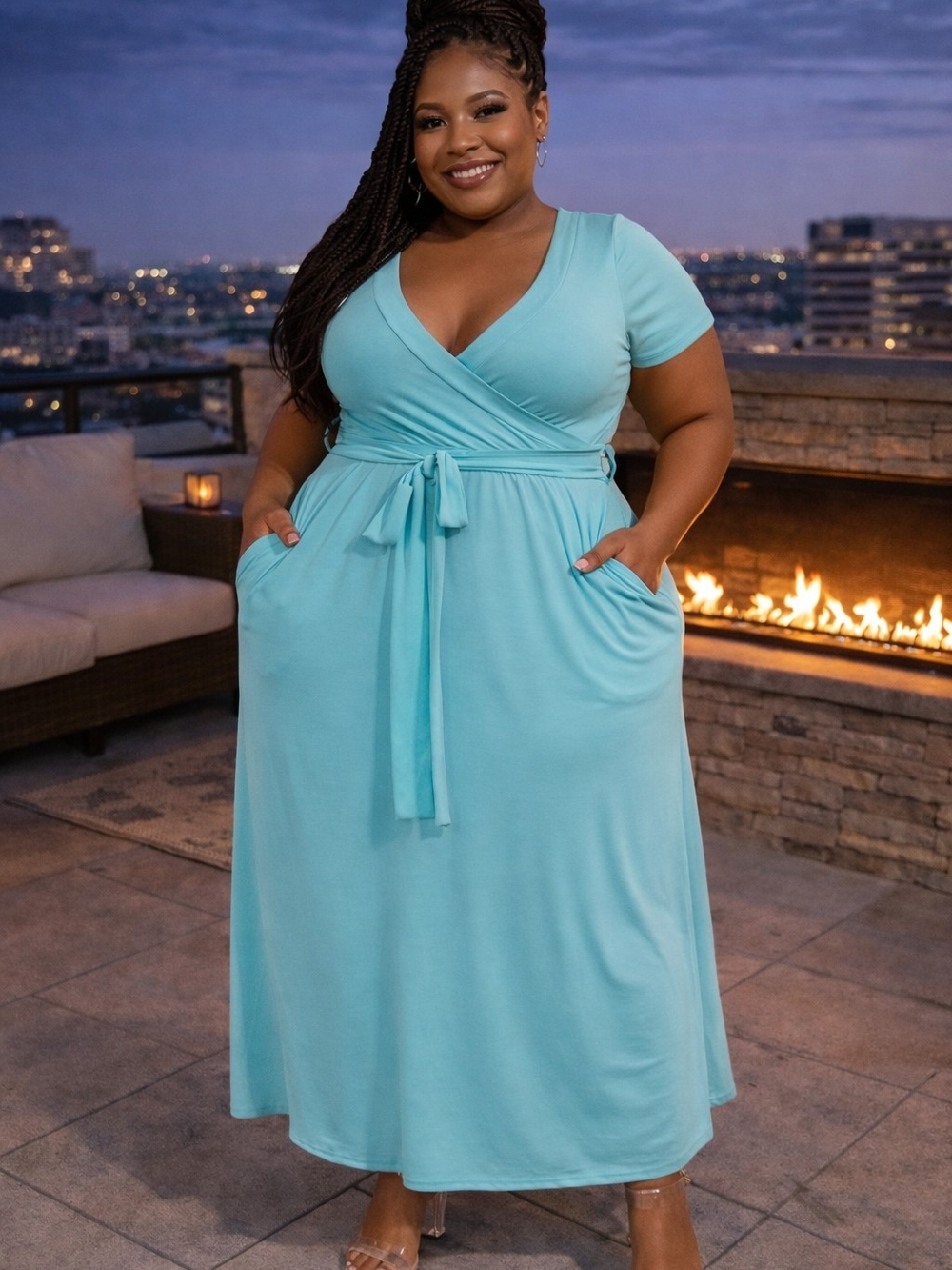 Plus-Size Aqua Wrap Maxi Dress with Tie Waist